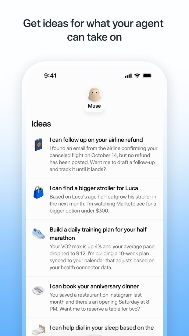 App Store 截圖:Muse 的點子清單,列出跟進機票退款、盯著 Marketplace 找 300 美元以下的嬰兒車、規劃半馬訓練、依 Instagram 收藏的餐廳訂週年晚餐