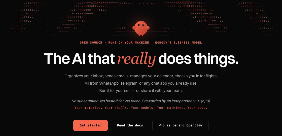 OpenClaw 官方網站首頁：紅色龍蝦吉祥物，大標 The AI that really does things.