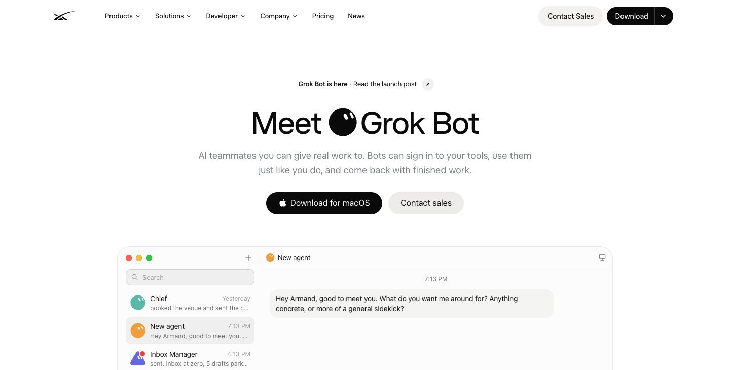 SpaceXAI 的 Grok Bot 產品頁截圖，標題 Meet Grok Bot，下方示意介面左欄列出 Chief、Inbox Manager、Account Manager 等 Bot