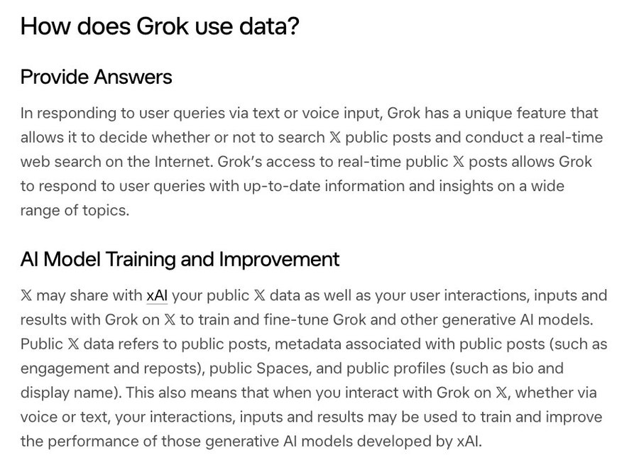 X 說明中心〈About Grok〉頁面截圖：「How does Grok use data?」一節，分別說明 Grok 能搜尋 X 的公開貼文，以及 X 可能把公開資料與使用者和 Grok 的互動分享給 xAI，用來訓練與微調生成式 AI 模型