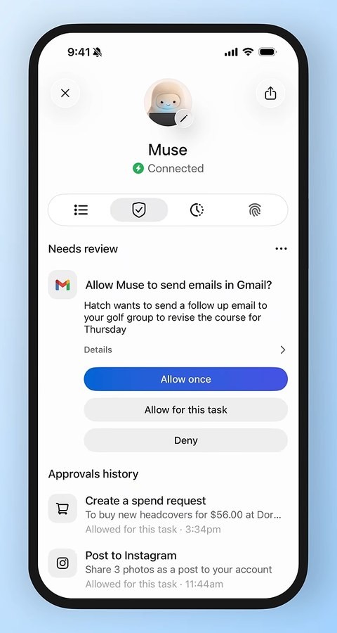 官方影片畫面：Muse 手機介面跳出「允許 Muse 在 Gmail 寄信嗎？」的核准卡，下方有三個按鈕