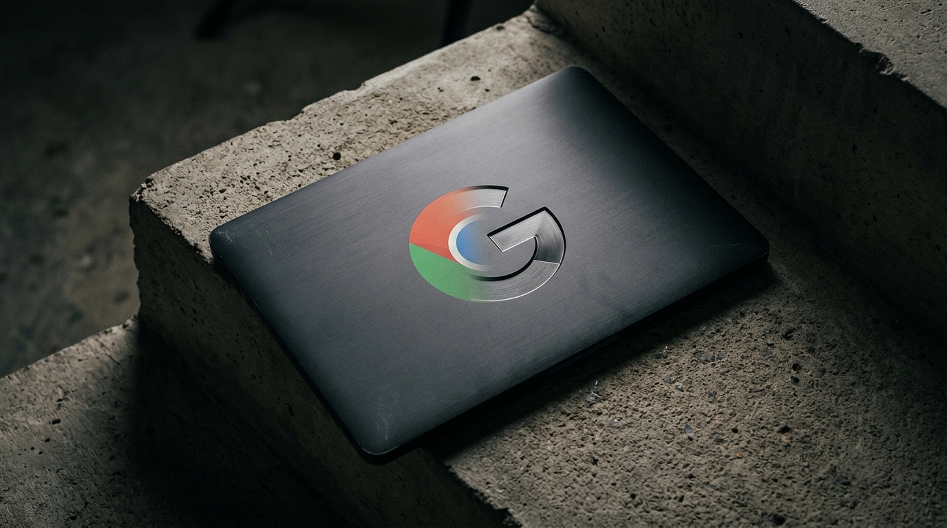 深灰色霧面金屬筆電,Chrome 標誌在暗光中向 Google G 標誌演變