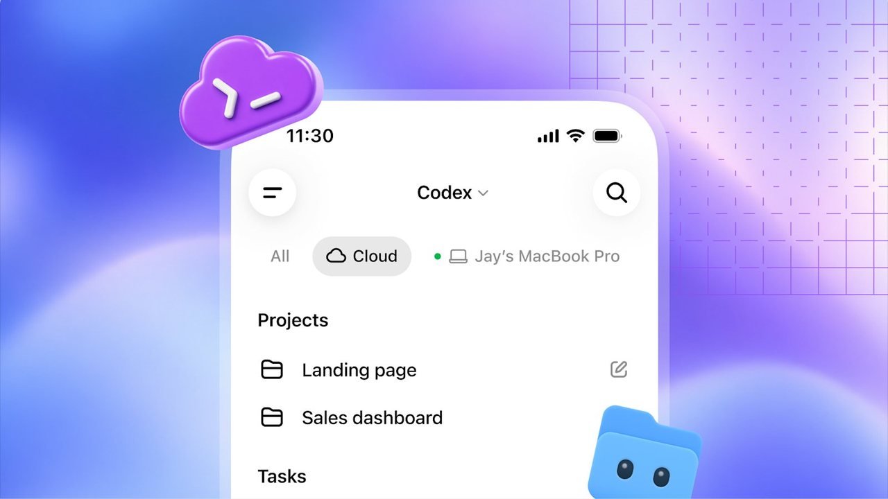 官方示意圖：紫色背景上的一支手機，Codex App 頂端可切換 Cloud 與 Jay's MacBook Pro，下方列出 Landing page、Sales dashboard 兩個專案與任務