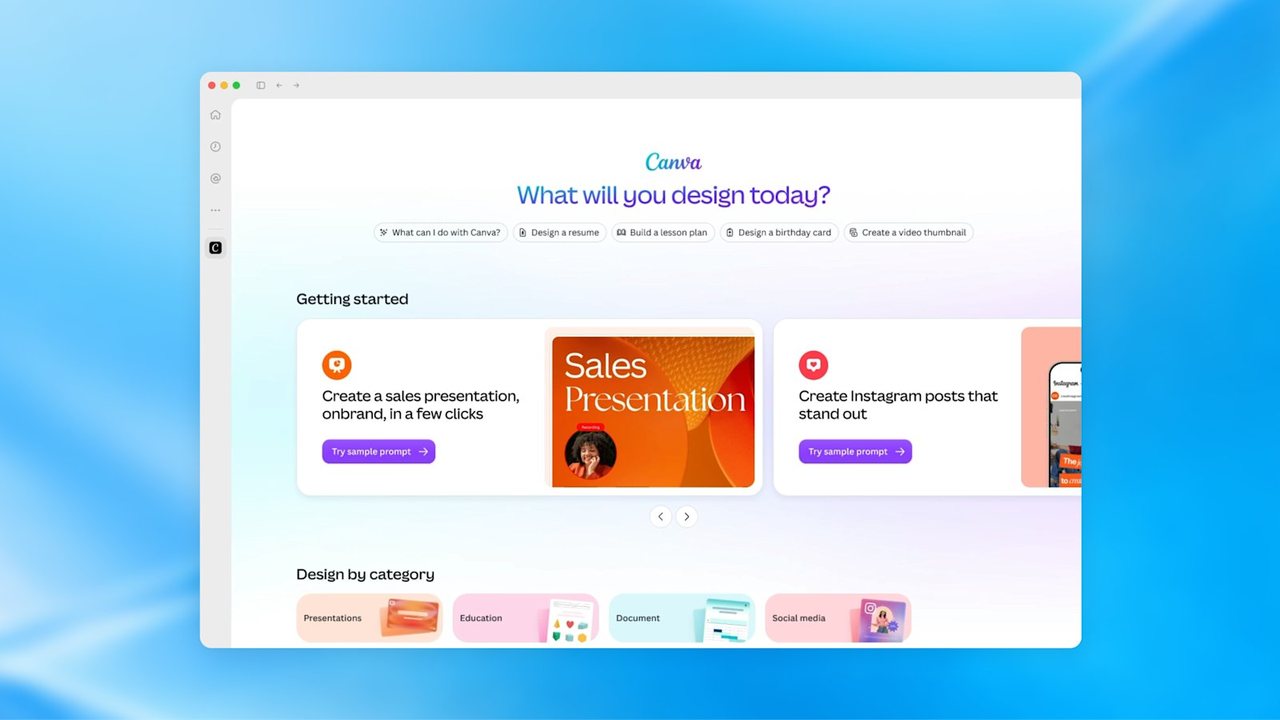 官方示意圖：ChatGPT 側欄打開 Canva 外掛，標題 What will you design today，下方有 Sales Presentation 等範本