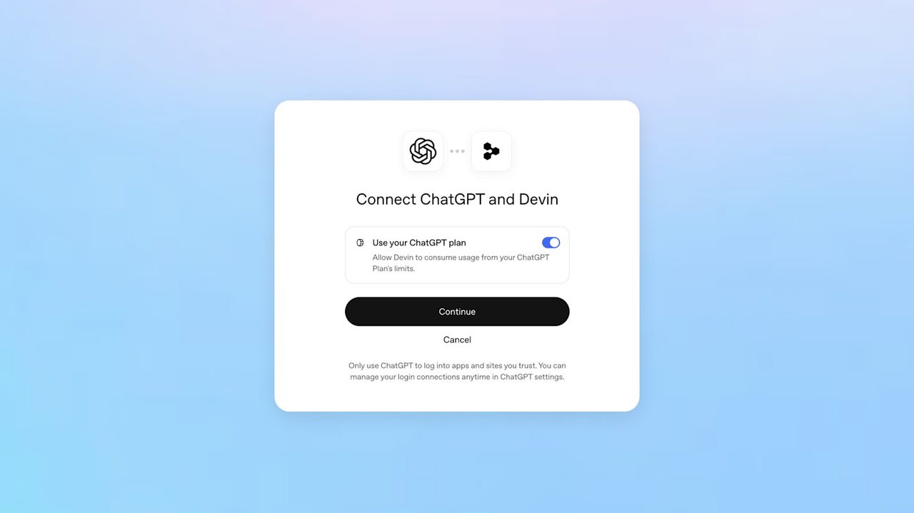官方示意圖：淡藍背景上的白色登入視窗，標題 Connect ChatGPT，下方有使用 ChatGPT 方案的切換開關與 Continue 按鈕