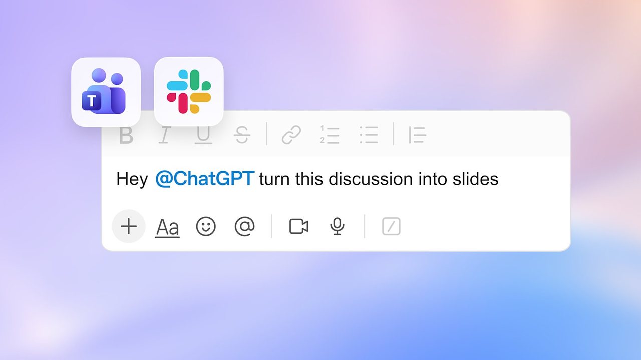 官方示意圖：Microsoft Teams 與 Slack 的圖示，下方訊息框輸入 Hey @ChatGPT turn this discussion into slides