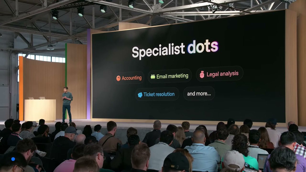 舞台大螢幕寫著 Specialist dots，下方並列 Accounting、Email marketing、Legal analysis、Ticket resolution 與 and more